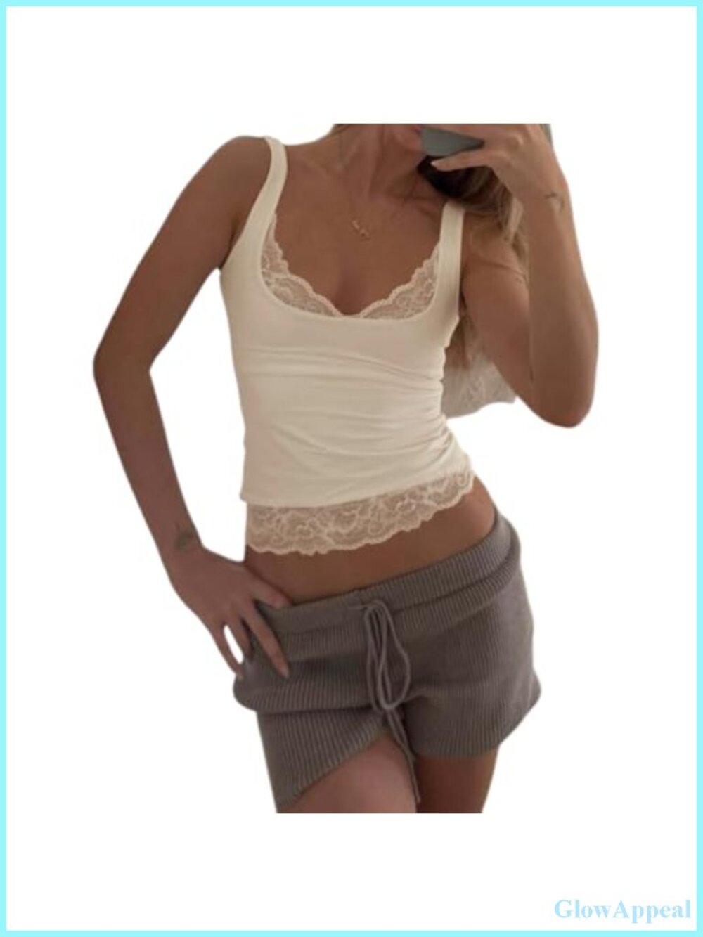 Lace Trim Cropped Tank Top Sleeveless Square Neck Slim Fit Summer Top